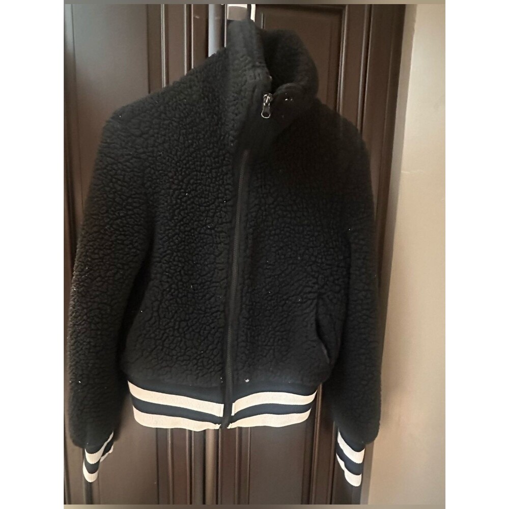 Black Sherpa Zip Bomber Jacket with Striped Knit Hem Size S